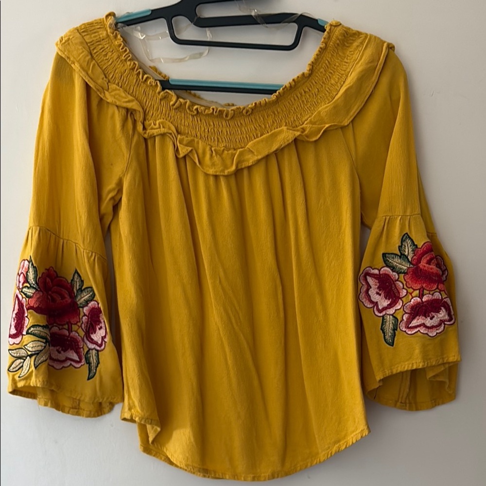 Yellow Ruffled Blouse with 3/4 Sleeves and Embellishments